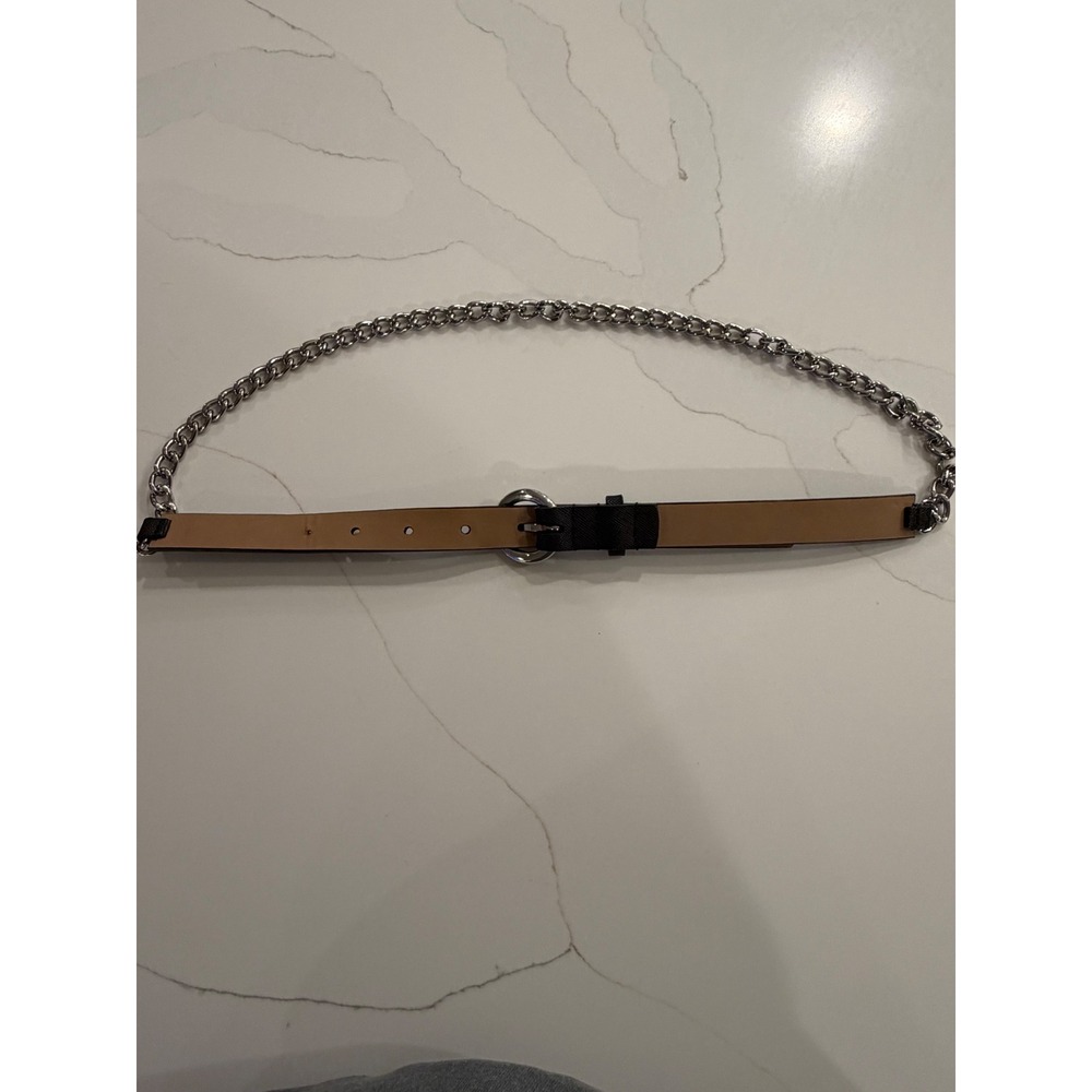 Michael Kors Black Saffiano Leather Silver Chain Skinny Belt Round Buckle Sz L - Picture 8 of 9